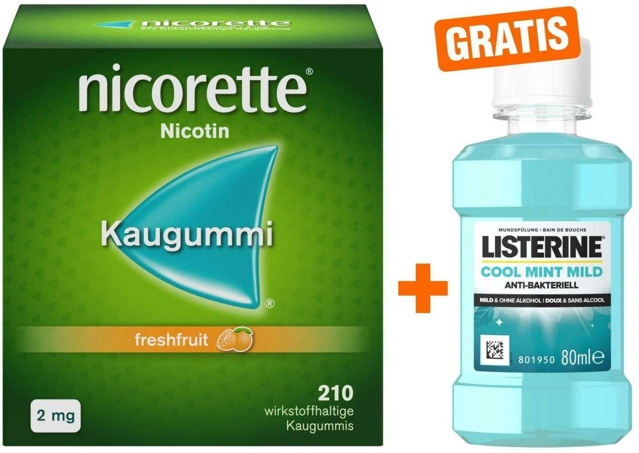 Nicorette 2 mg freshfruit Kaugummi 210 Stück + gratis Listerine Mundspülung Cool Mint Mild 80 ml