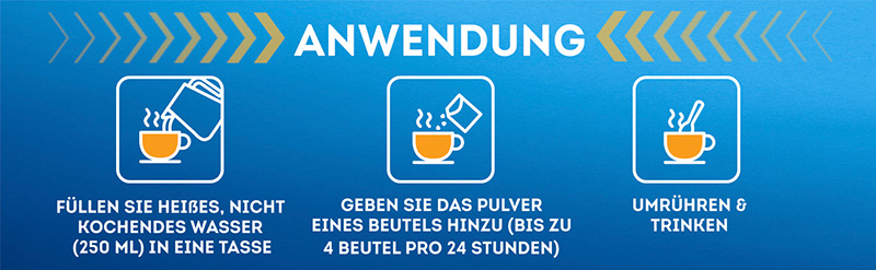 Die Anwendung von WICK DayMed Erkältungsgetränk wird gezeigt: 250 ml heißes Wasser in eine Tasse geben, Inhalt eines Beutels in das Wasser einrühren, trinken. Maximal dürfen vier Beutel in vierundzwanzig Stunden getrunken werden.