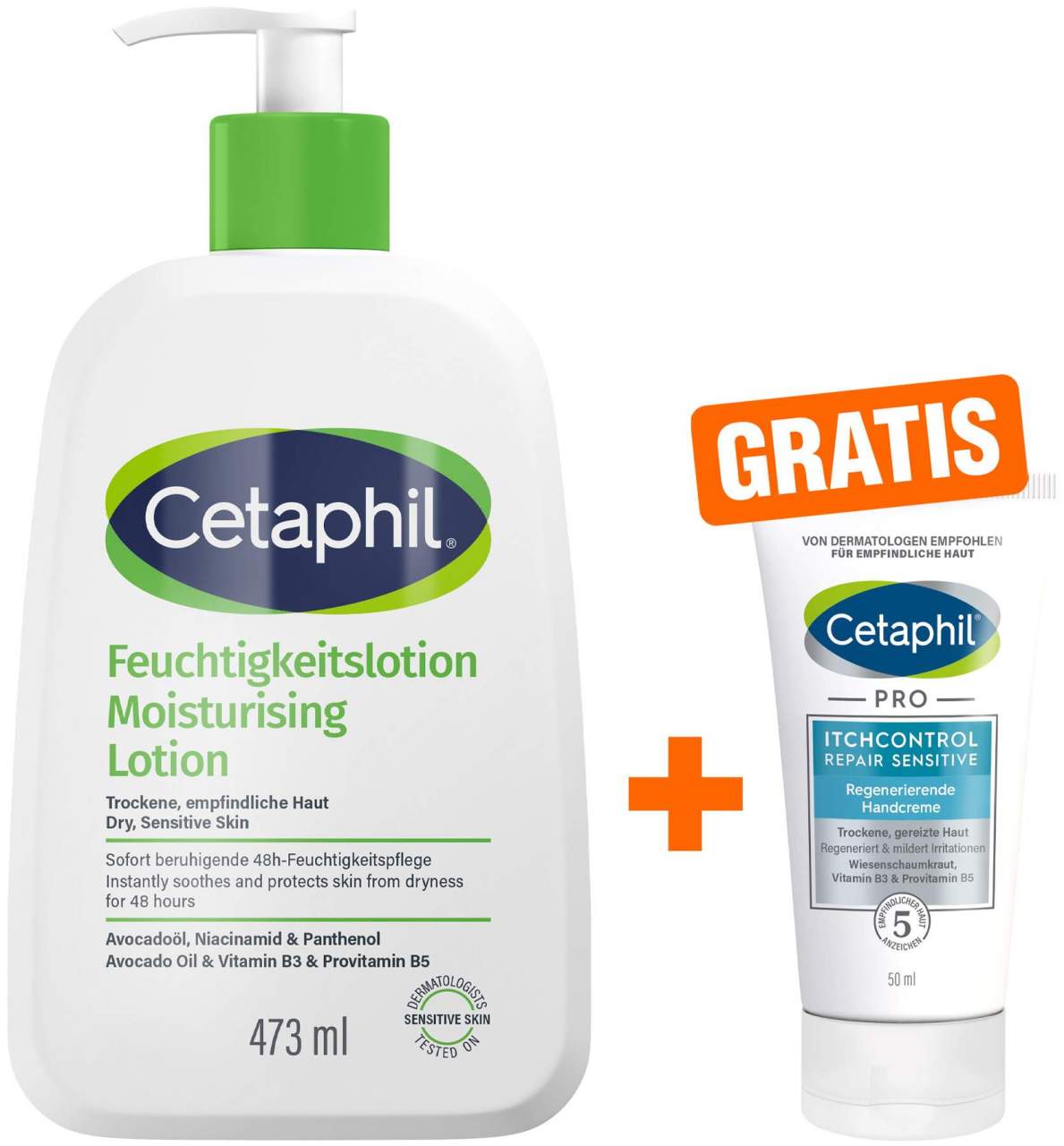 Cetaphil Feuchtigkeitslotion 473 ml + gratis Cetaphil Pro Itch Control Repair sensitive Regenerierende Handcreme 50 ml