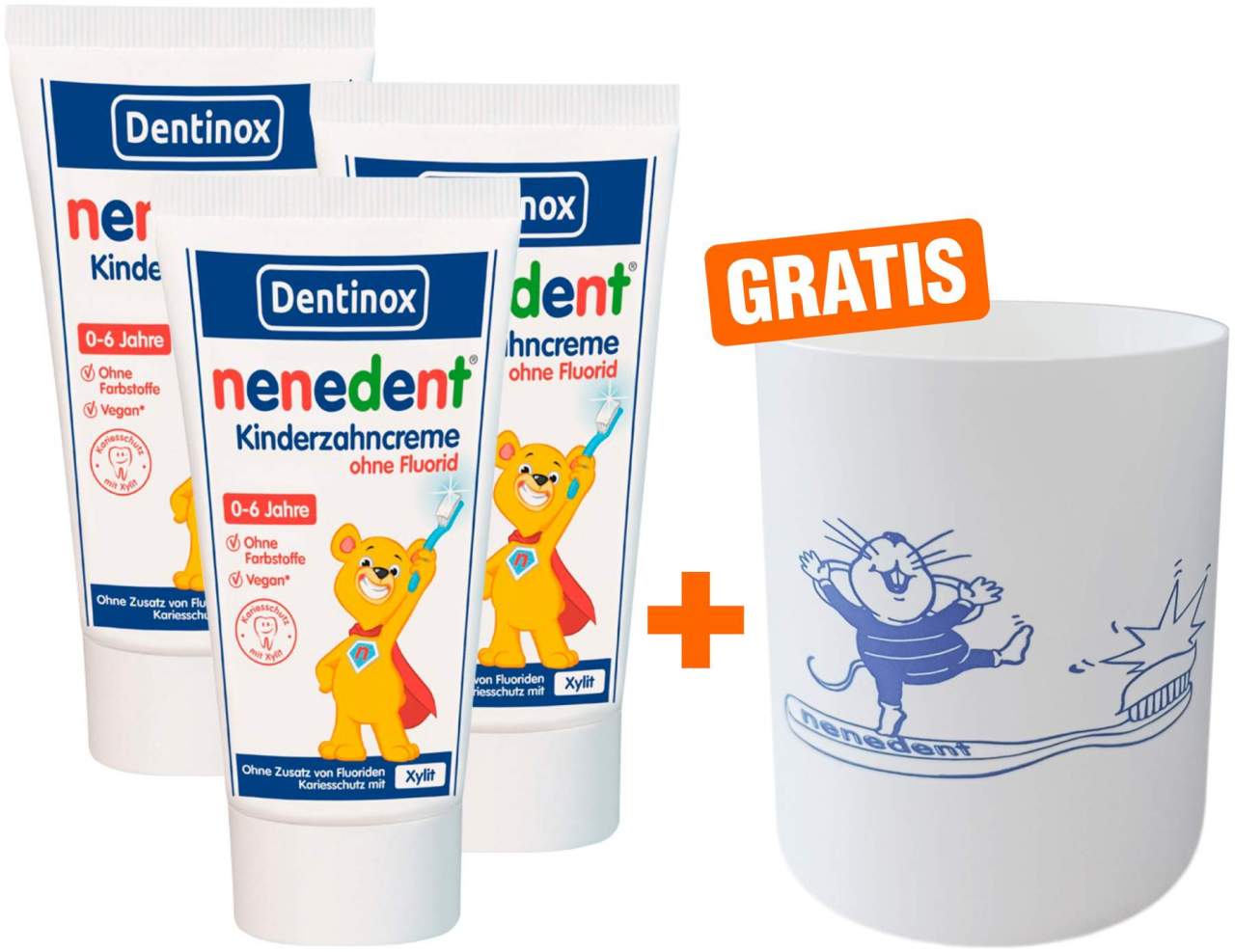 Nenedent Kinderzahncreme ohne Fluorid 0-6 Jahre 3 x 50 ml + gratis Zahnputzbecher 1 Stück
