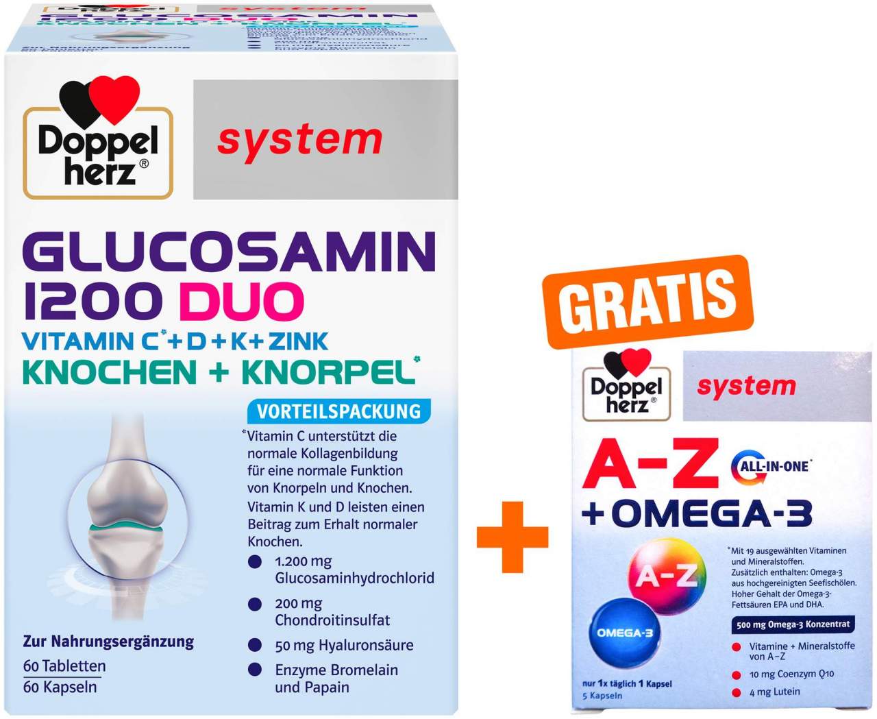 Doppelherz system Glucosamin 1200 Duo 120 Tabletten + gratis Doppelherz A-Z + Omega-3 all-in-one system 5 Kapseln