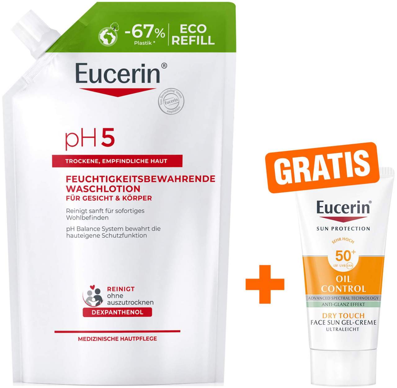 Eucerin pH5 Waschlotion empfindliche Haut Nachfüllbeutel 400 ml + gratis Eucerin Sun Gelcreme Oil Control 20 ml - Milde Reinigung