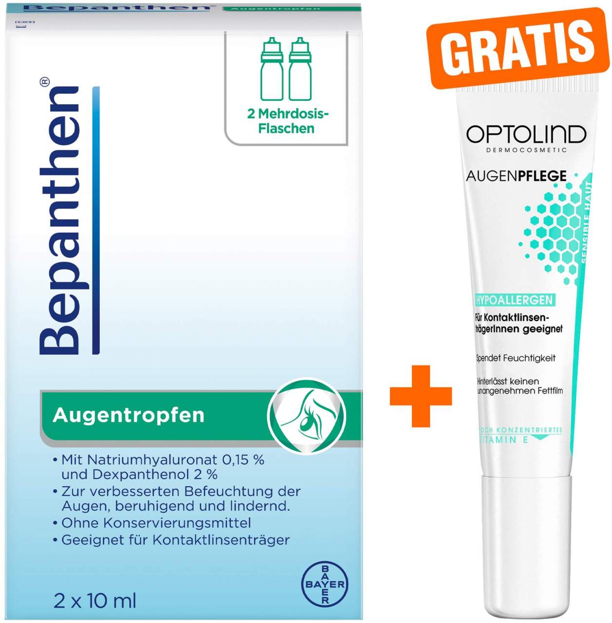 Bepanthen Augentropfen 2 x 10 ml + gratis Optolind Empflindl. Haut Augenpflege 15 ml