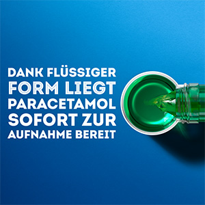 Grüne Flüssigkeit läuft aus einer Flasche in einen Meßbecher. Der Text sagt: Dank flüssiger Form liegt Paracetamol sofort zur Aufnahme bereit.