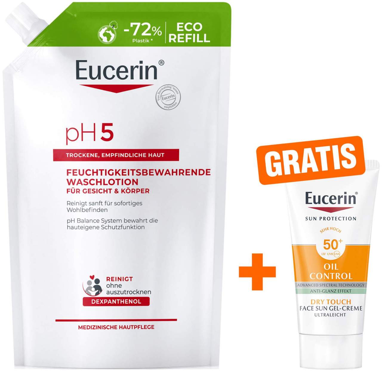 Eucerin pH5 Waschlotion 750 ml Nachfüllbeutel + gratis Eucerin Sun Gelcreme Oil Control 20 ml - Milde Reinigung