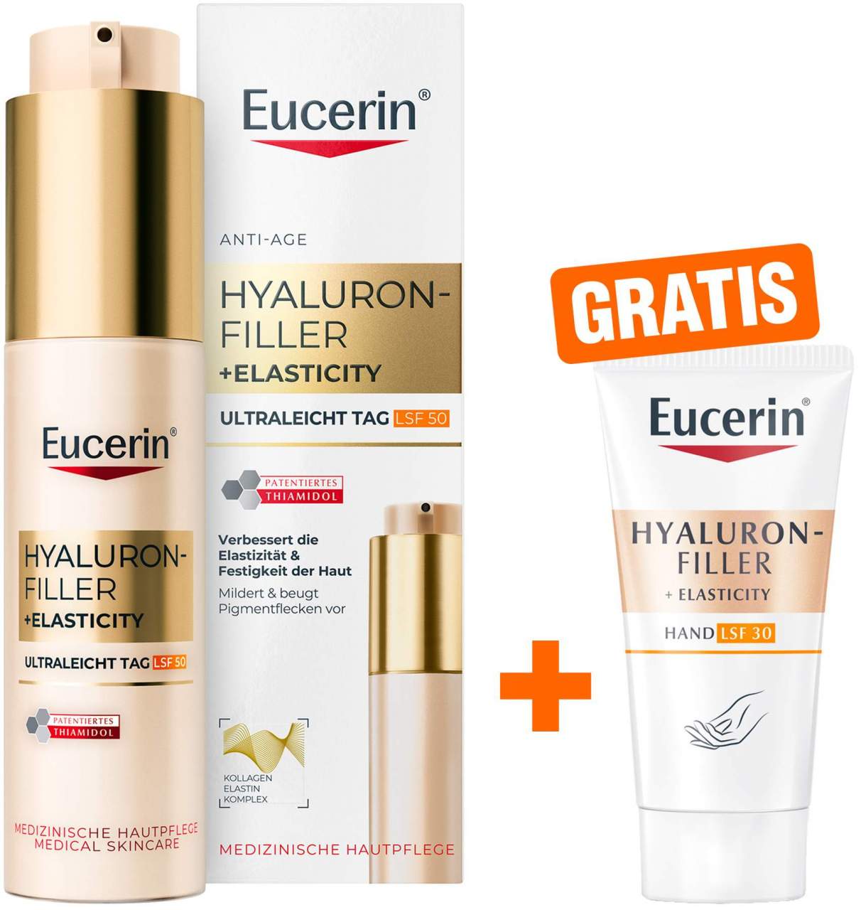 Eucerin Hyaluron Filler + Elasticity Ultraleicht Tag LSF50 50 ml + gratis Elasticity Handcreme 20 ml - Verbessert die Hautelastizität