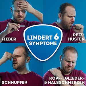 Ein Mann wird gezeigt, der von Erkältungssymptomen geplagt wird. Er hat Fieber, Reizhusten, Schnupfen, Kopf-, Glieder- und Halsschmerzen. In der Mitte steht: Lindert sechs Erkältungssymptome.