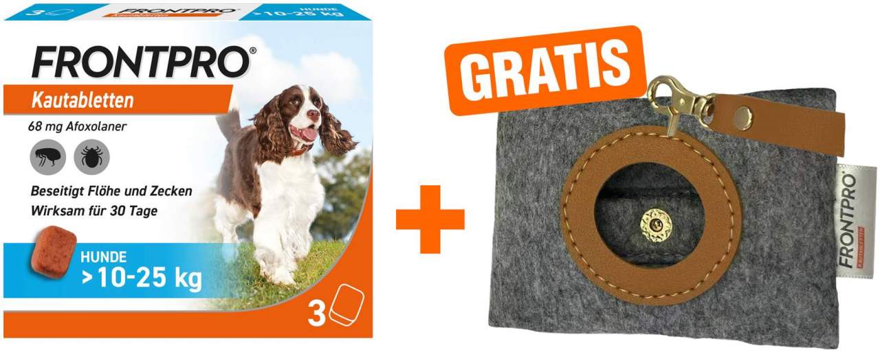 Frontpro 68 mg für Hunde 3 Kautabletten + gratis Hundebeutelspender 1 Stück