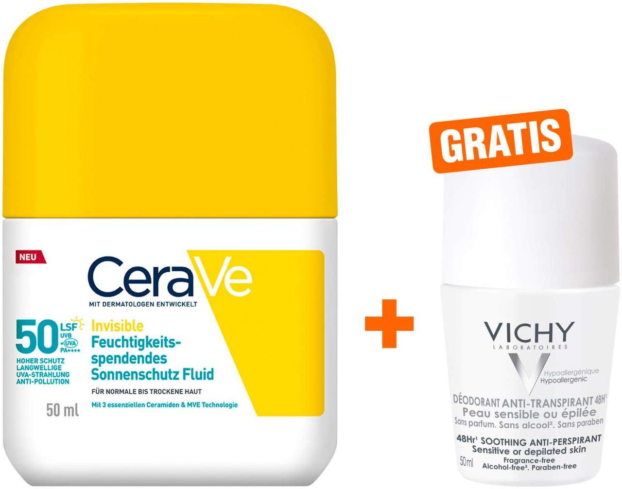 CeraVe Invisible Feuchtigkeitsspendendes Sonnenschutz Fluid LSF50 50 ml + gratis Vichy Deo Roll-on 48h 50 ml