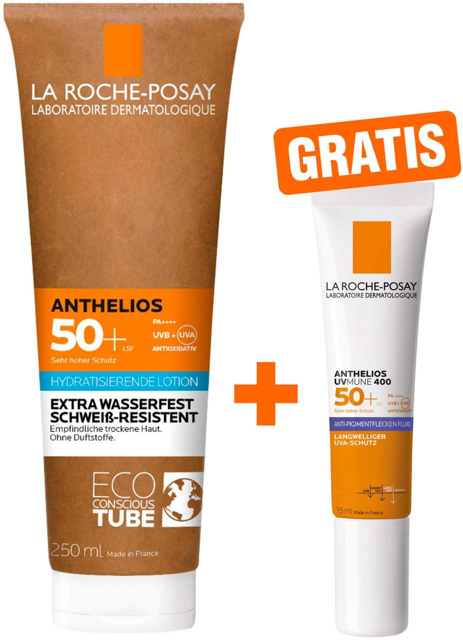 La Roche Posay Anthelios Milch LSF 50+ Papp-Tube 250 ml + gratis La Roche Posay Anthelios Anti-Pigment Fluid 15 ml - Feuchtikeitsspendender Sonnenschutz