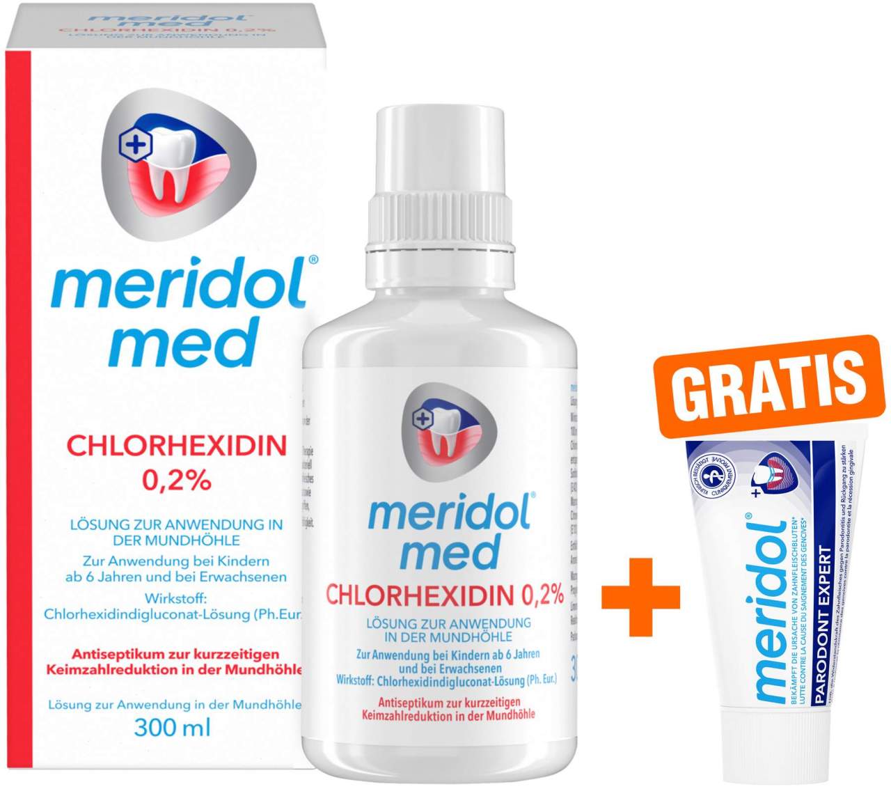 Meridol med Chlorhexidin 0,2% Lösung 300 ml + gratis Meridol Parodont Expert Zahnpasta 20 ml