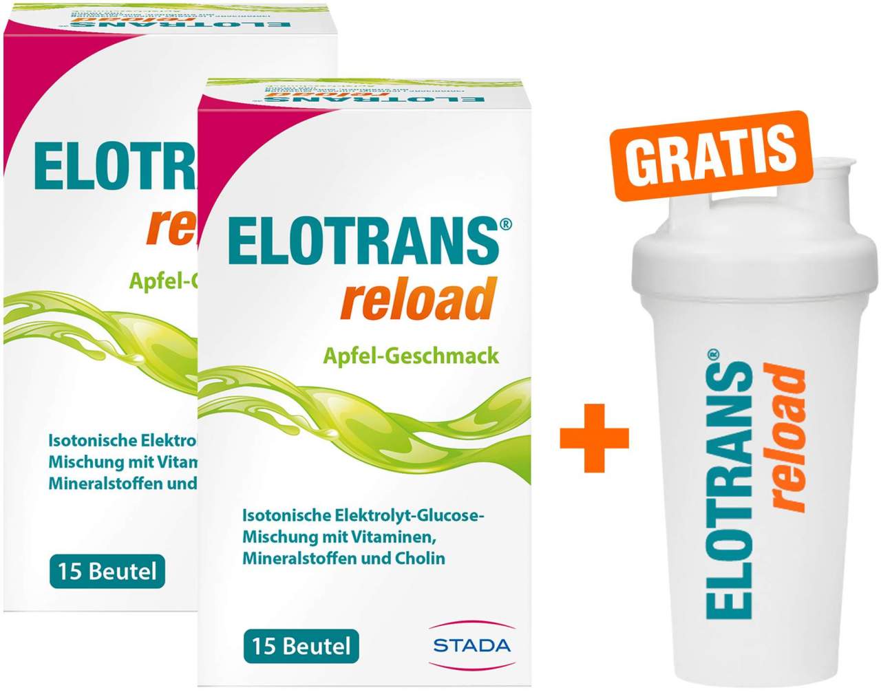 Elotrans reload Apfel 2 x 15 Beutel + gratis Elotrans reload Shaker 1 Stück