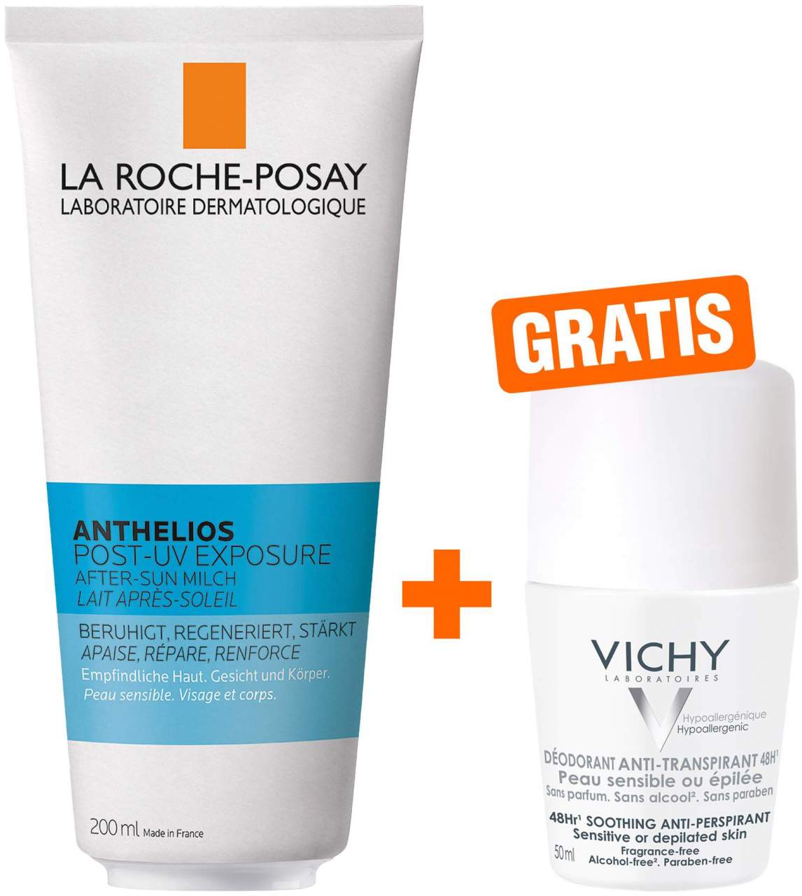 La Roche Posay Anthelios After Sun Milch 200 ml + gratis Vichy Deo Roll-on Anti Flecken 48h 50 ml - Zur Körperpflege
