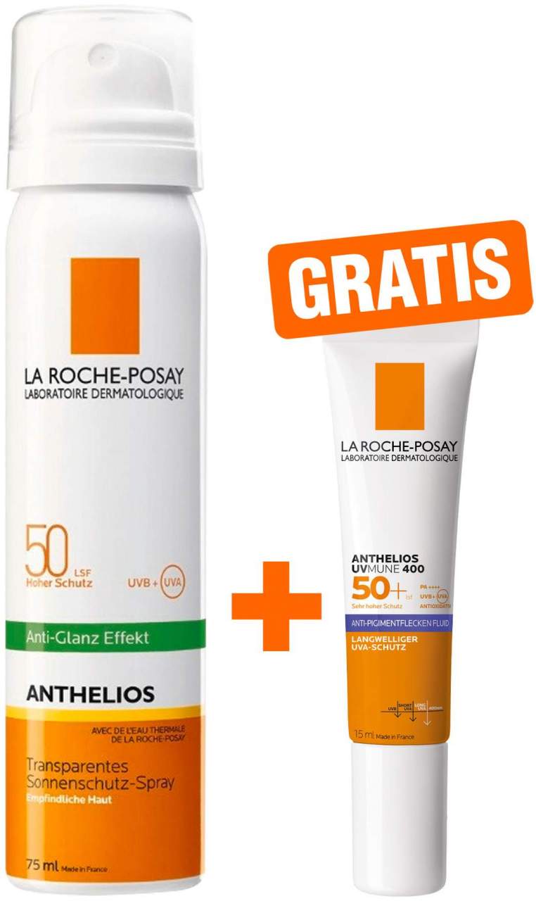 La Roche Posay Anthelios transparentes Gesichtsspray LSF50 75 ml + gratis La Roche Posay Anthelios Anti-Pigment 15 ml