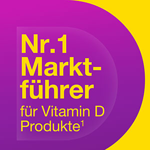 Vigantolvit: Nr. 1 Marktführer für Vitamin D Produkte, hervorgehoben in gelber Schrift auf lila Hintergrund.