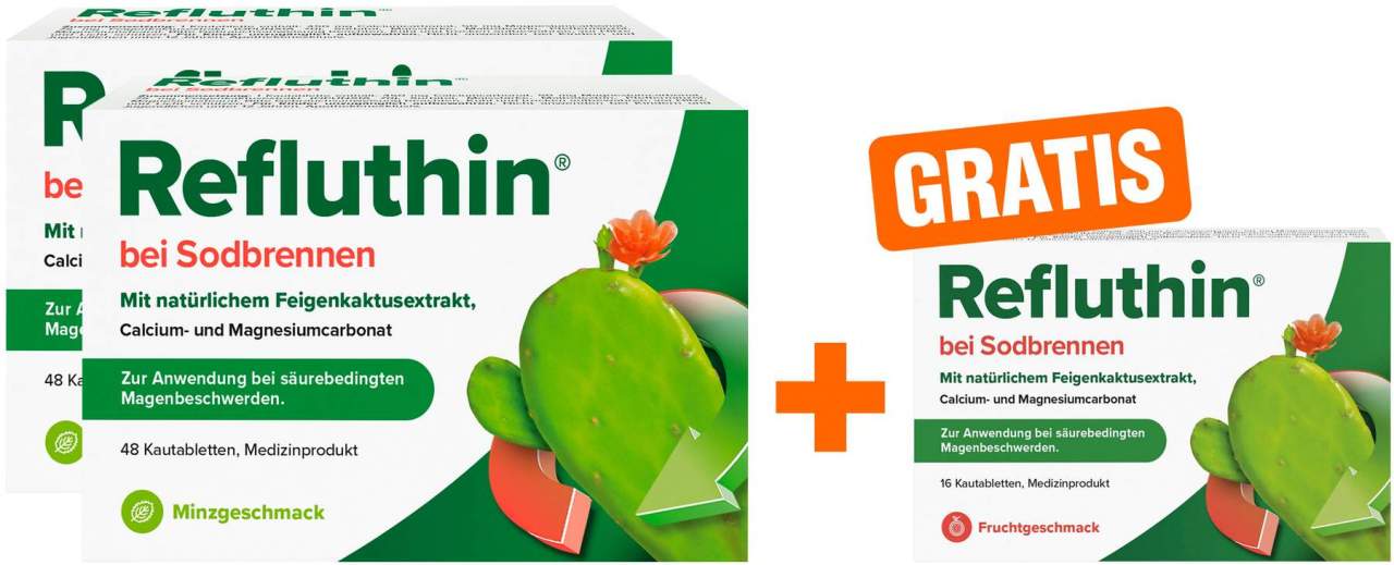Refluthin Kautabletten Minzgeschmack 2 x 48 Stück + gratis Refluthin Kautabletten Fruchtgeschmack 16 Stück