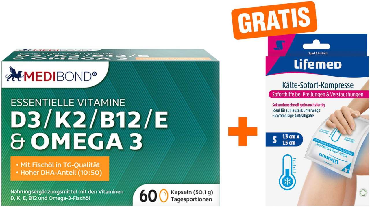 MEDIBOND D3, K2, B12, E & Omega 3 + gratis Kälte Kompresse