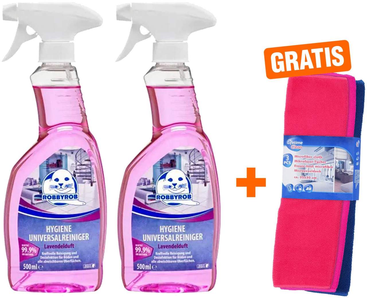 Hygiene Universalreiniger Lavendel 2x 500 ml + gratis Mikrofaser Reinigungstücher 3 Stück