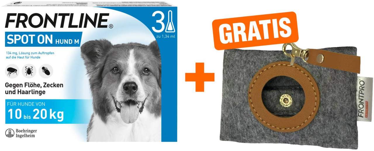 Frontline Spot On Hund M 10-20 kg 3 Pipetten + gratis Frontline Hundekotbeutelspender