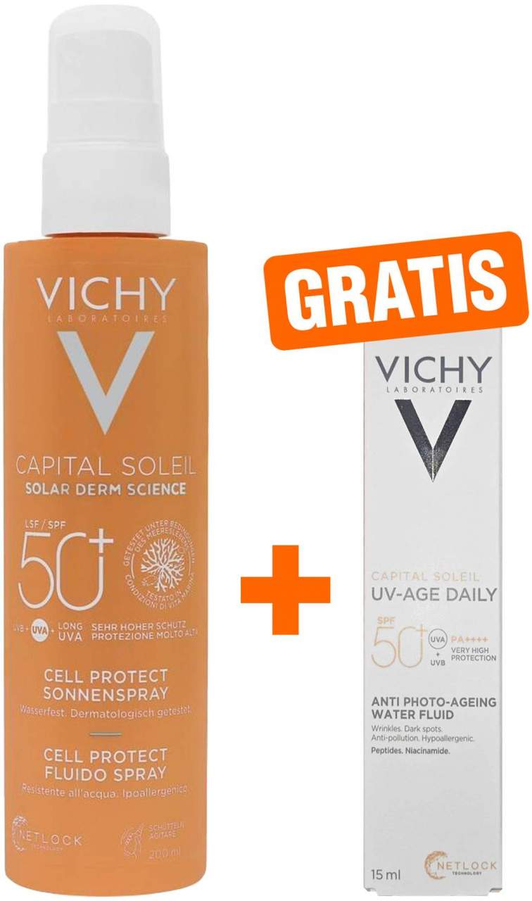Vichy Capital Soleil Cell Protect Spray LSF 50+ 200 ml Spray + gratis Vichy Capital Soleil UV-Age Daily LSF 50+ 15 ml - Sonnenschutz