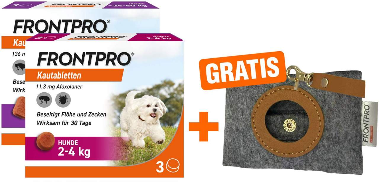 Frontpro 11,3 mg für den Hund 2 x 3 Kautabletten + gratis Hundebeutelspender 1 Stück