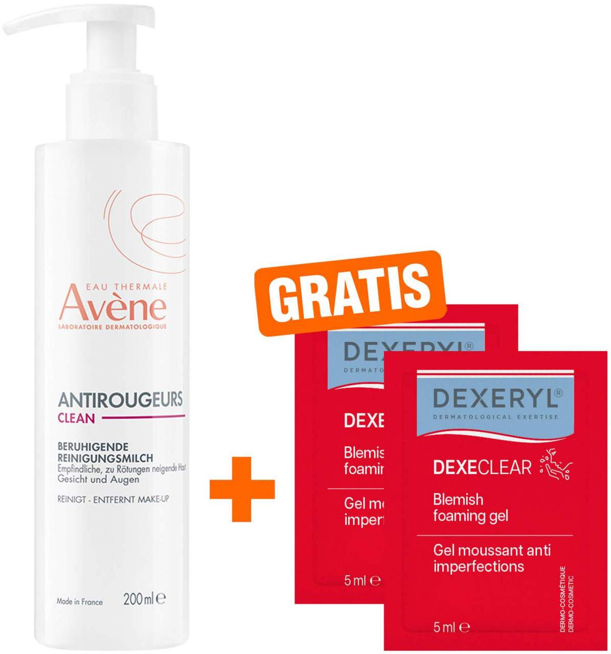 Avene Antirougeurs Clean beruhigende Reinigungsmilch 200 ml + gratis Dexeryl Dexeclear schäumendes Reinigungsgel 2 x 5ml - Sanfte Reinigung bei Rötungen