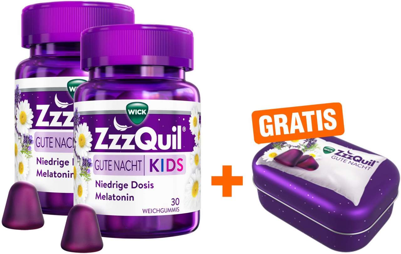 Wick ZzzQuil Kids 2 x 30 Weichgummis + gratis Wick ZzzQuil Reise-Dose 1 Stück