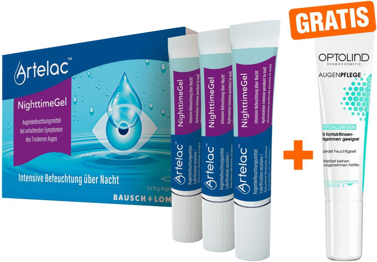 Artelac Nighttime 3x10g Augengel + gratis Optolind Empfindl. Haut Augenpflege 15 ml