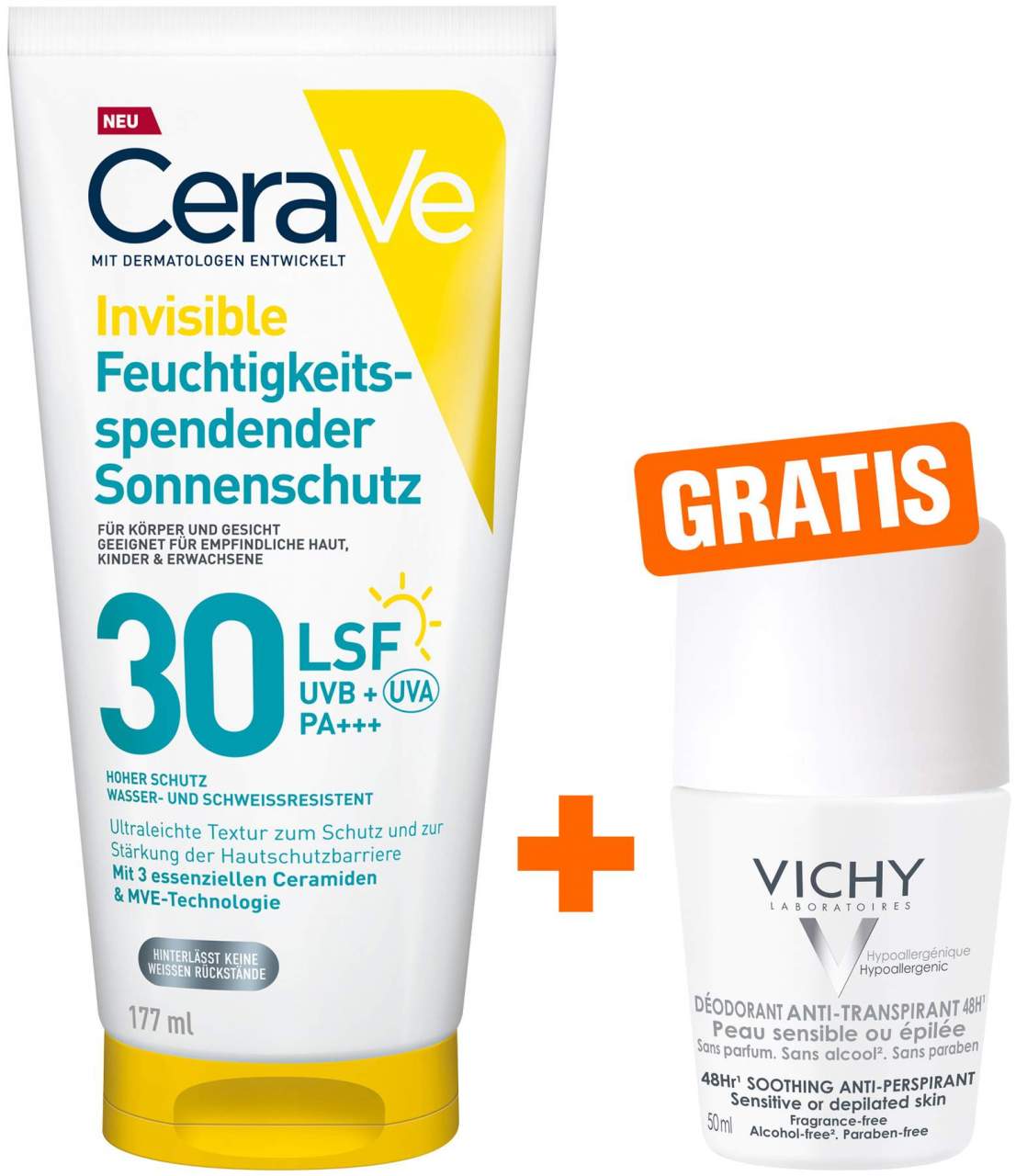 CeraVe Feuchtigkeitsspendender Sonnenschutz LSF 30 177 ml + gratis Vichy Deo Stress Resist 72h 50 ml