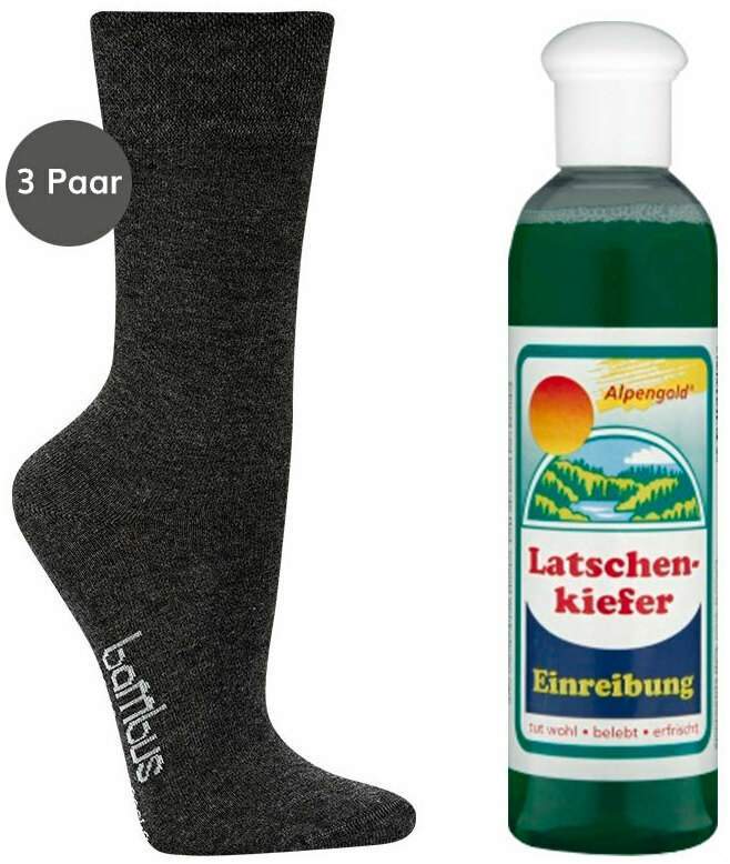 Bambus Wellness-Socken 35-38 Anthrazit 3 Paar + gratis Latschenkiefer Einreibung 250 ml