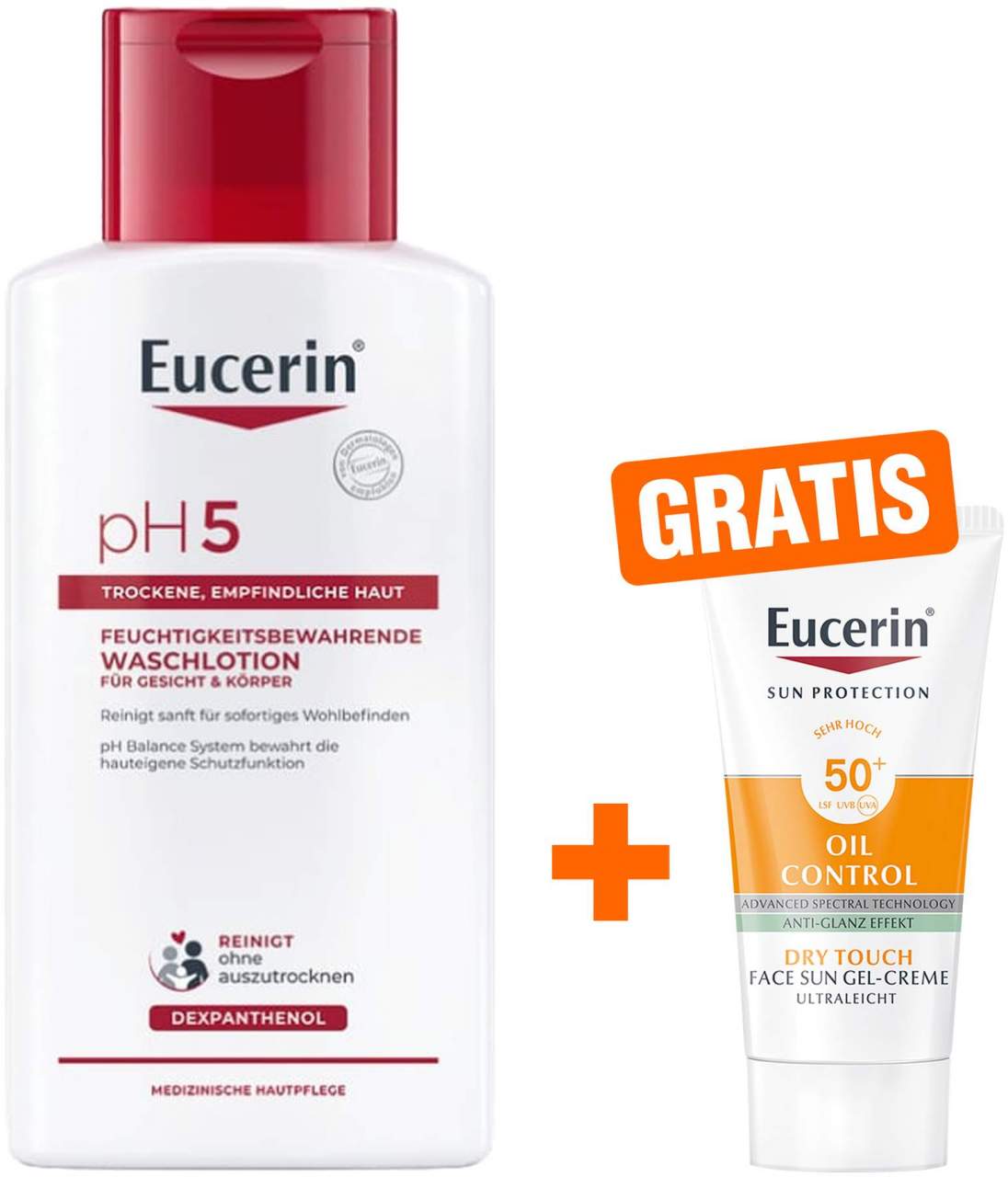 Eucerin pH5 Waschlotion 200 ml empfindliche Haut + gratis Eucerin Sun Gelcreme Oil Control 20 ml - Milde Reinigung