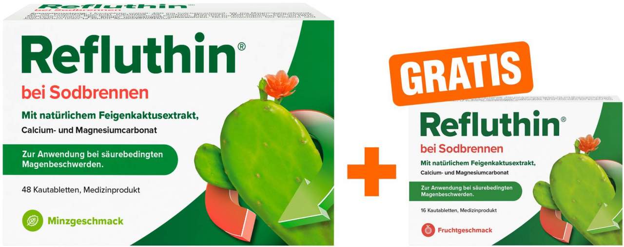 Refluthin Kautabletten Minzgeschmack 48 Stück + gratis Refluthin Kautabletten Fruchtgeschmack 16 Stück