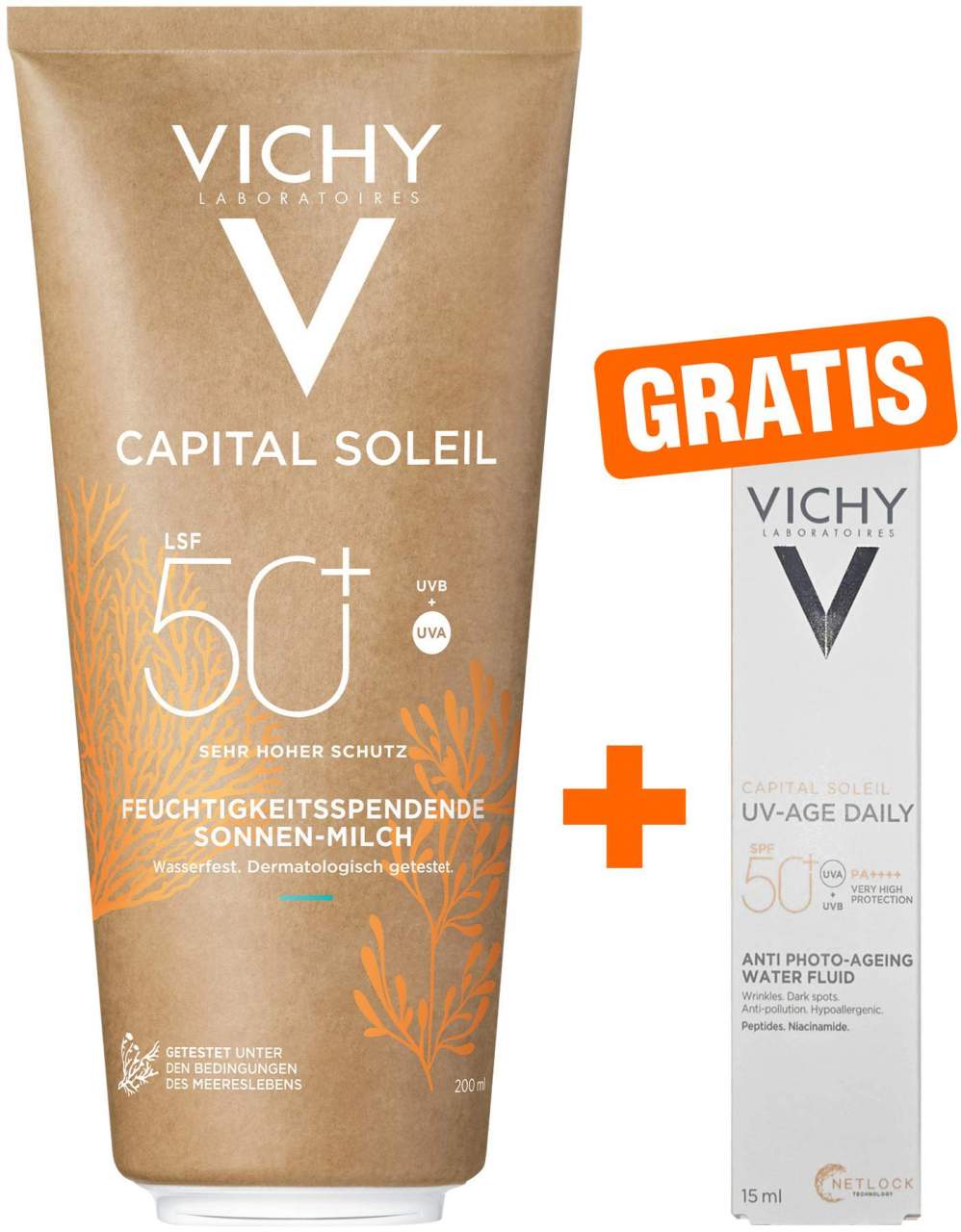 Vichy Capital Soleil feuchtigkeitsspendende Sonnen-Milch LSF 50+ 200 ml + gratis Vichy Capital Soleil LSF 50+ 15 ml - Feuchtigkeitsspendende Sonnencreme
