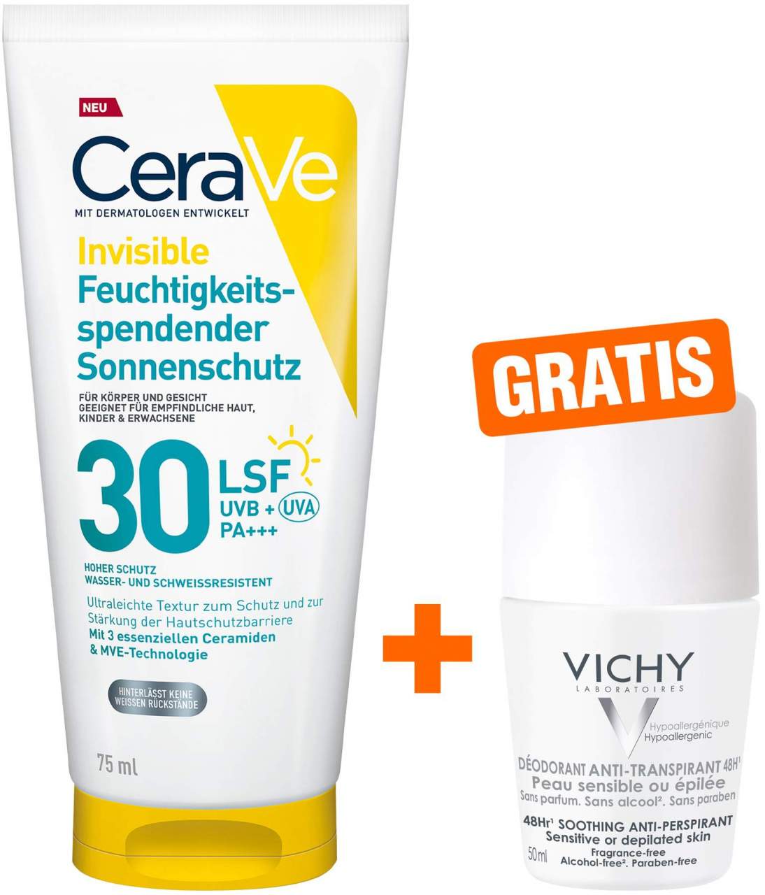 CeraVe Invisible Feuchtigkeitsspendender Sonnenschutz LSF 30 75 ml + gratis Vichy Deo Roll-on Anti Flecken 48h 50 ml