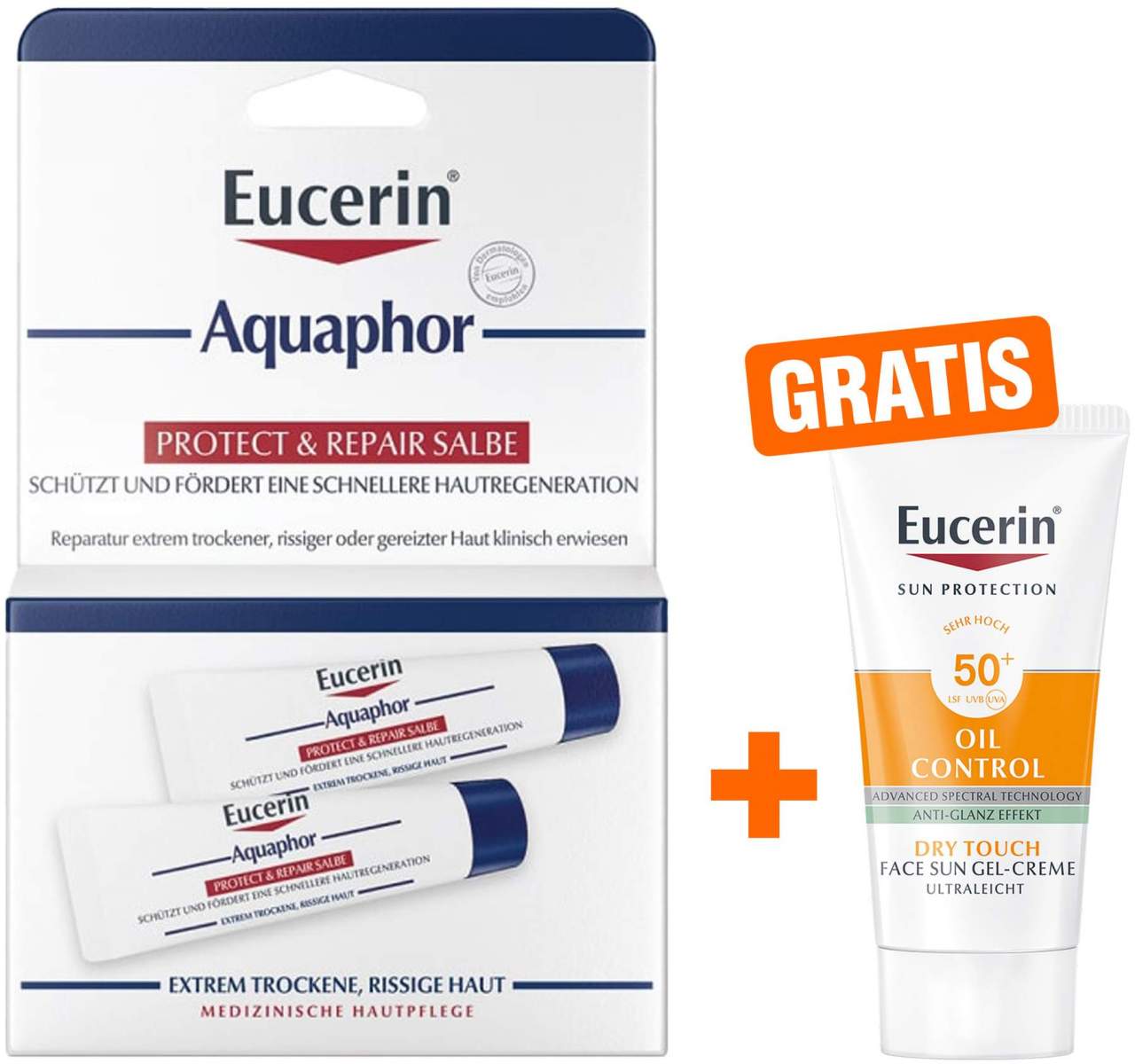 Eucerin Aquaphor Protect & Repair 2 x 10 ml Salbe + gratis Eucerin Sun Gel-Creme Oil Control 20 ml - Sehr Empfindliche Gesichtshaut
