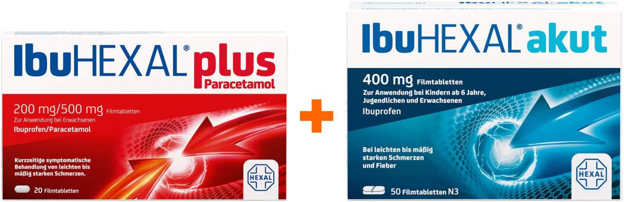 Ibu Hexal akut 400 mg 50 Filmtabletten + Ibu Hexal plus Paracetamol 20 Tabletten