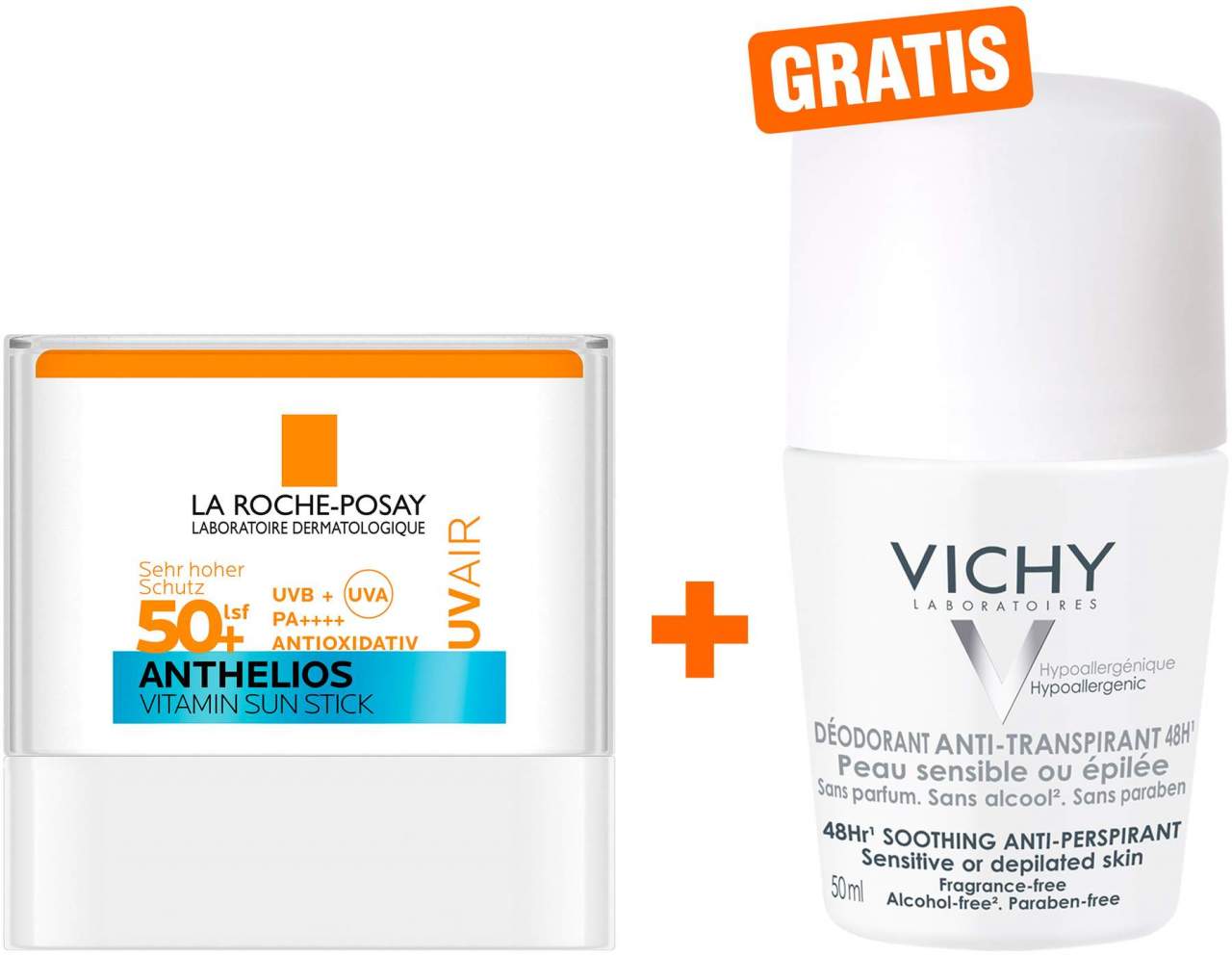 La Roche Posay Anthelios UV Air Stick LSF 50+ 9 g + gratis Vichy Deo Roll-on Anti Flecken 48h 50 ml - Sonnenschutz