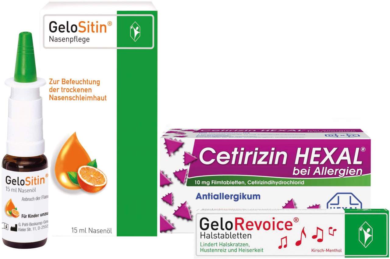 Gelositin Nasenpflegespray 15 ml Spray + Gelorevoice Kirsch-Menthol 20 Lutschtabletten + Cetirizin Hexal 100 Tabletten