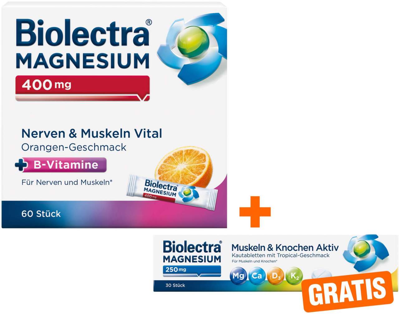 Biolectra Magnesium 400 mg Nerven & Muskeln Vital 60 Beutel + gratis Magnesium 250 mg Aktiv 30 Kautabletten