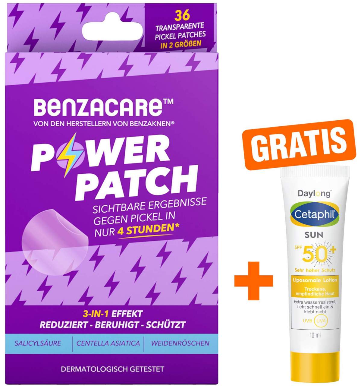 Benzacare Power Patch gegen Pickel 36 Pflaster + gratis Cetaphil Sun Daylong SPF 50+ liposomale Lotion 10 ml - Die SOS-Hilfe bei Pickeln