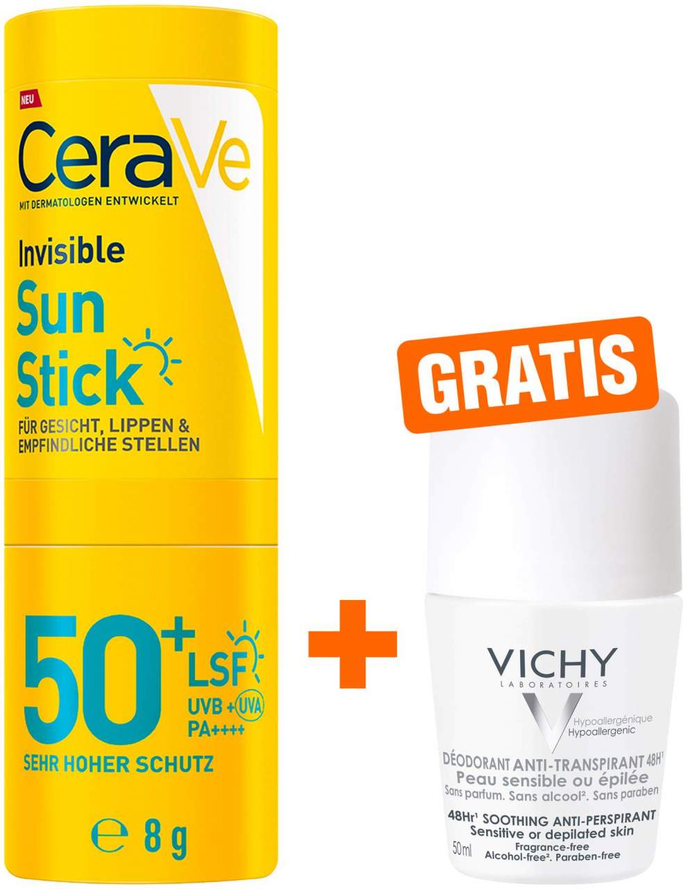 CeraVe Invisible Sun Stick SPF 50+ 8 g + gratis Vichy Deo Roll-on Anti Flecken 48h 50 ml