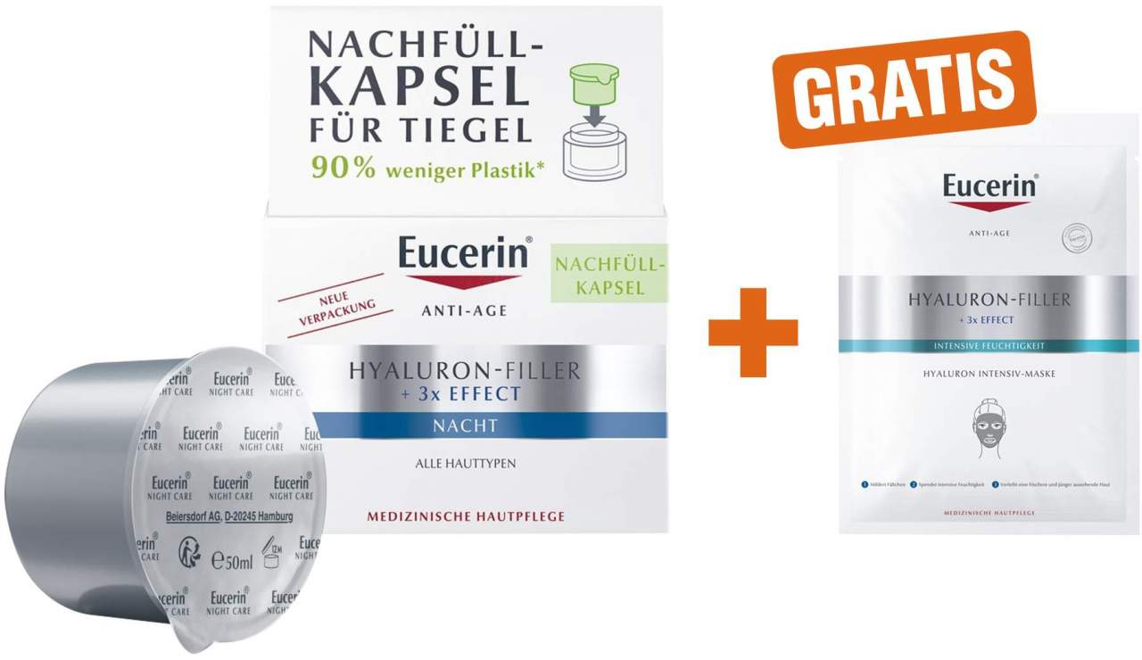 Eucerin Anti Age Hyaluron Filler Nachtpflege Refill 50 ml + gratis Anti Age Hyaluron Filler Intensiv Maske 1 Stück