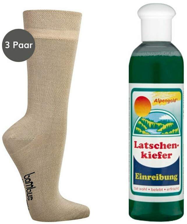 Bambus Wellness-Socken 43-46 Beige 3 Paar + gratis Latschenkiefer Einreibung 250 ml
