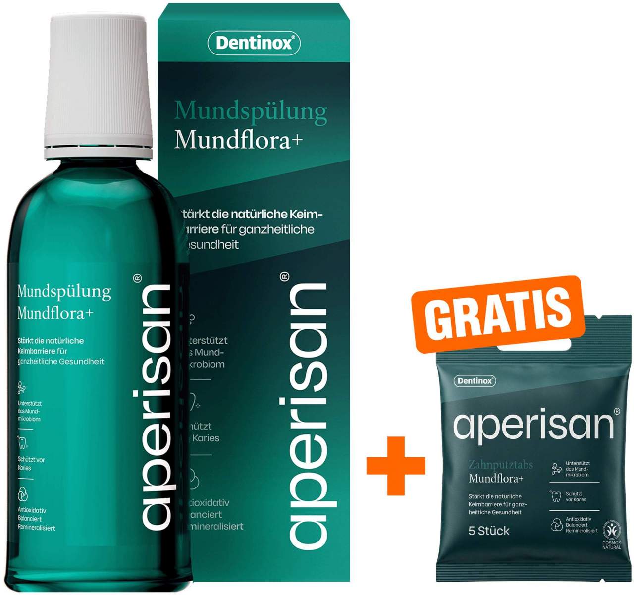 Aperisan Mundspülung Mundflora+ 400 ml + gratis Aperisan Zahnputztabs 5 Stück