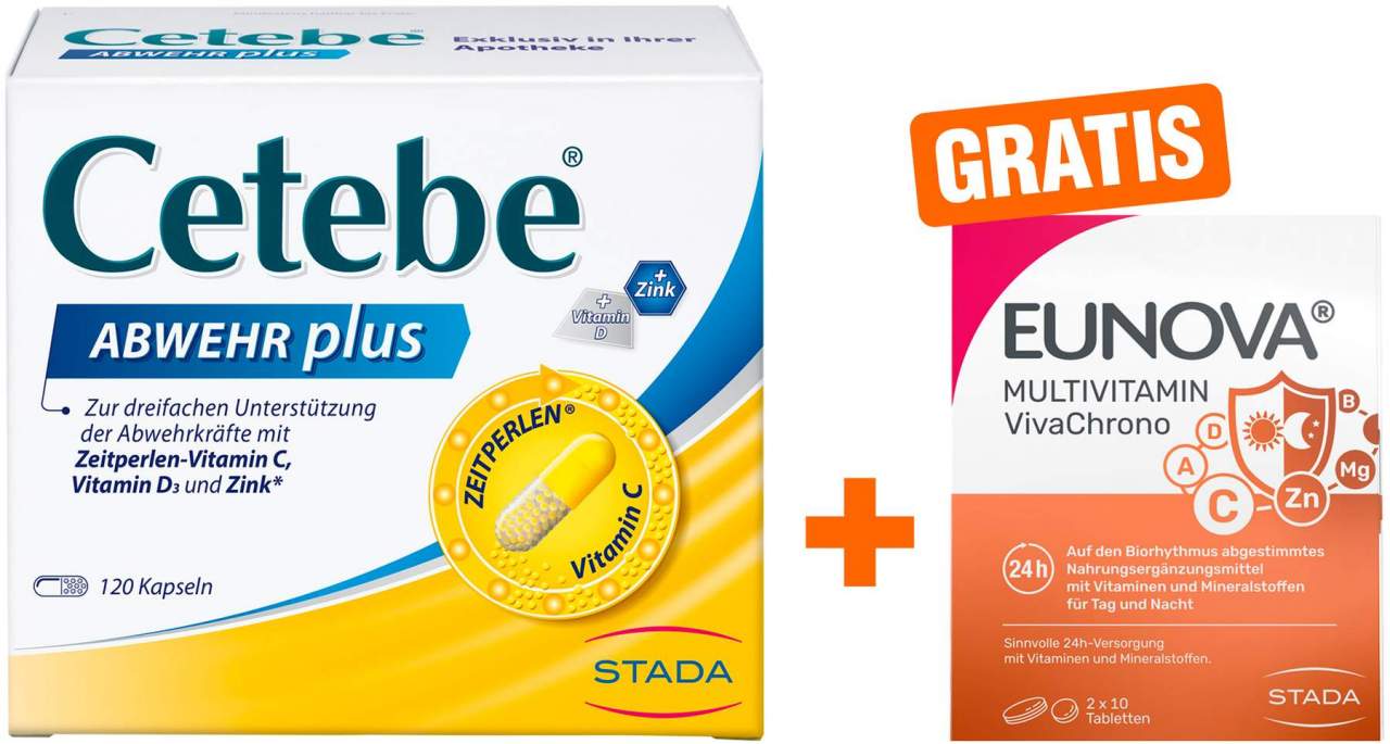Cetebe Abwehr plus Vitamin C + Vitamin D3 + Zink 120 Kapseln + gratis Eunova VivaChrono 2 x 10 Tabletten
