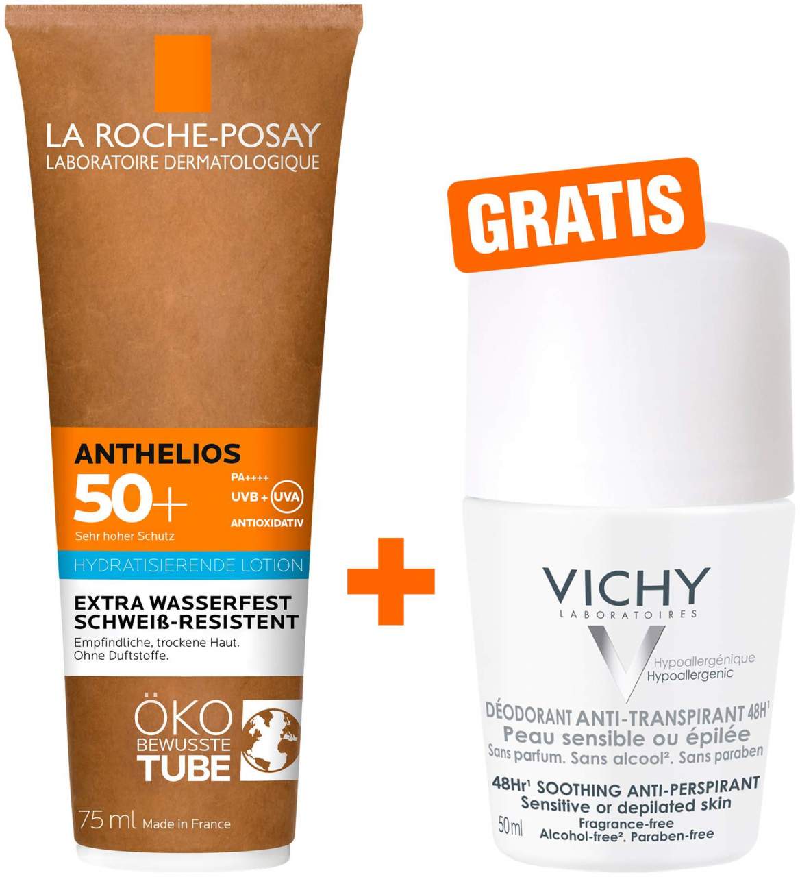La Roche Posay Anthelios Milch LSF 50+ 75 ml + gratis Vichy Deo Roll-on Anti Flecken 48h 50 ml - Sonnenlotion für empfindliche und trockene Haut