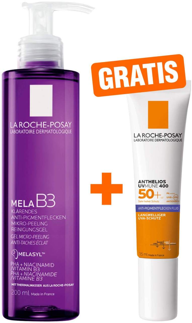 La Roche Posay Mela B3 Reinigungsgel 200 ml + gratis La Roche Posay Anthelios Anti-Pigment Fluid 15 ml - Bei Pigmentflecken