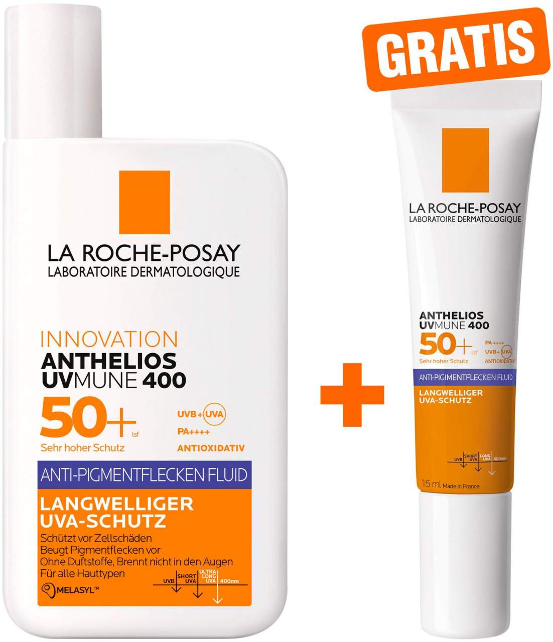 La Roche Posay Anthelios Anti-Pigment LSF 50 Fluid 50 ml + gratis Anthelios Anti-Pigment Fluid 15 ml - Bei Pigmentstörungen