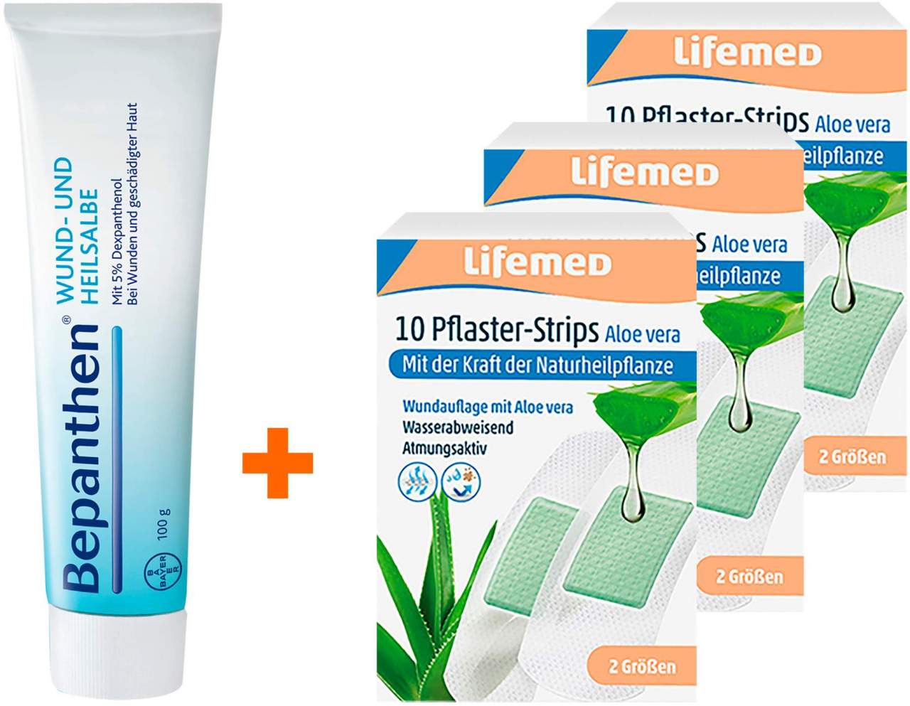 Bundle Bepanthen Wund- und Heilsalbe 100 g + Pflaster-Strips Aloe Vera 3 x 10 Stück