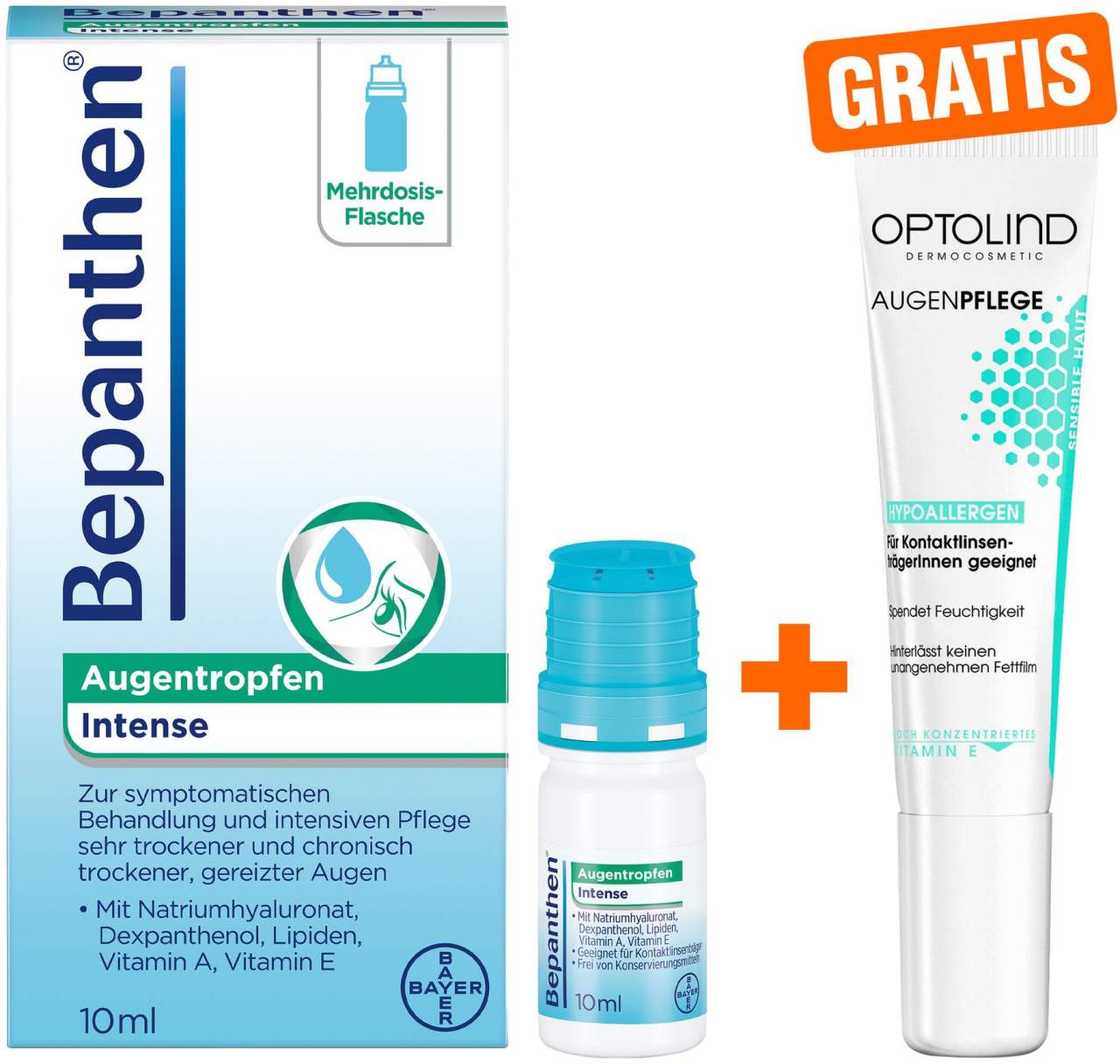 Bepanthen Augentropfen Intense 10 ml + gratis Optolind Empflindl. Haut Augenpflege 15 ml